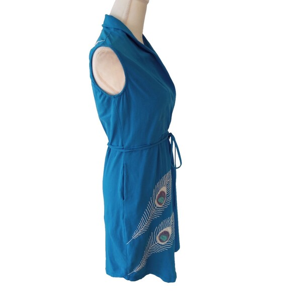Synergy Organic Cotton Dress Medium Embroidered Peacock Feather Blue Sleeveless - Picture 7 of 11